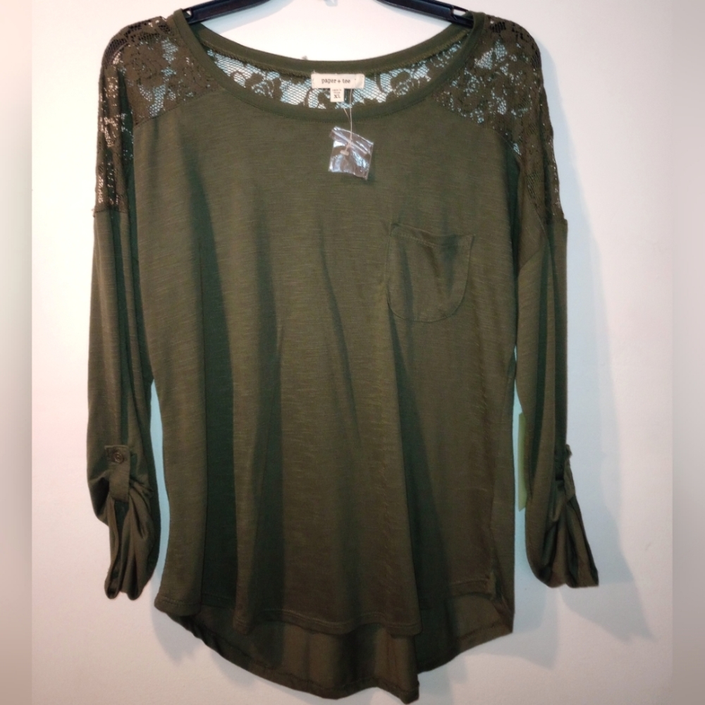 Half Lace Dark Green Long Sleeve High Low Top